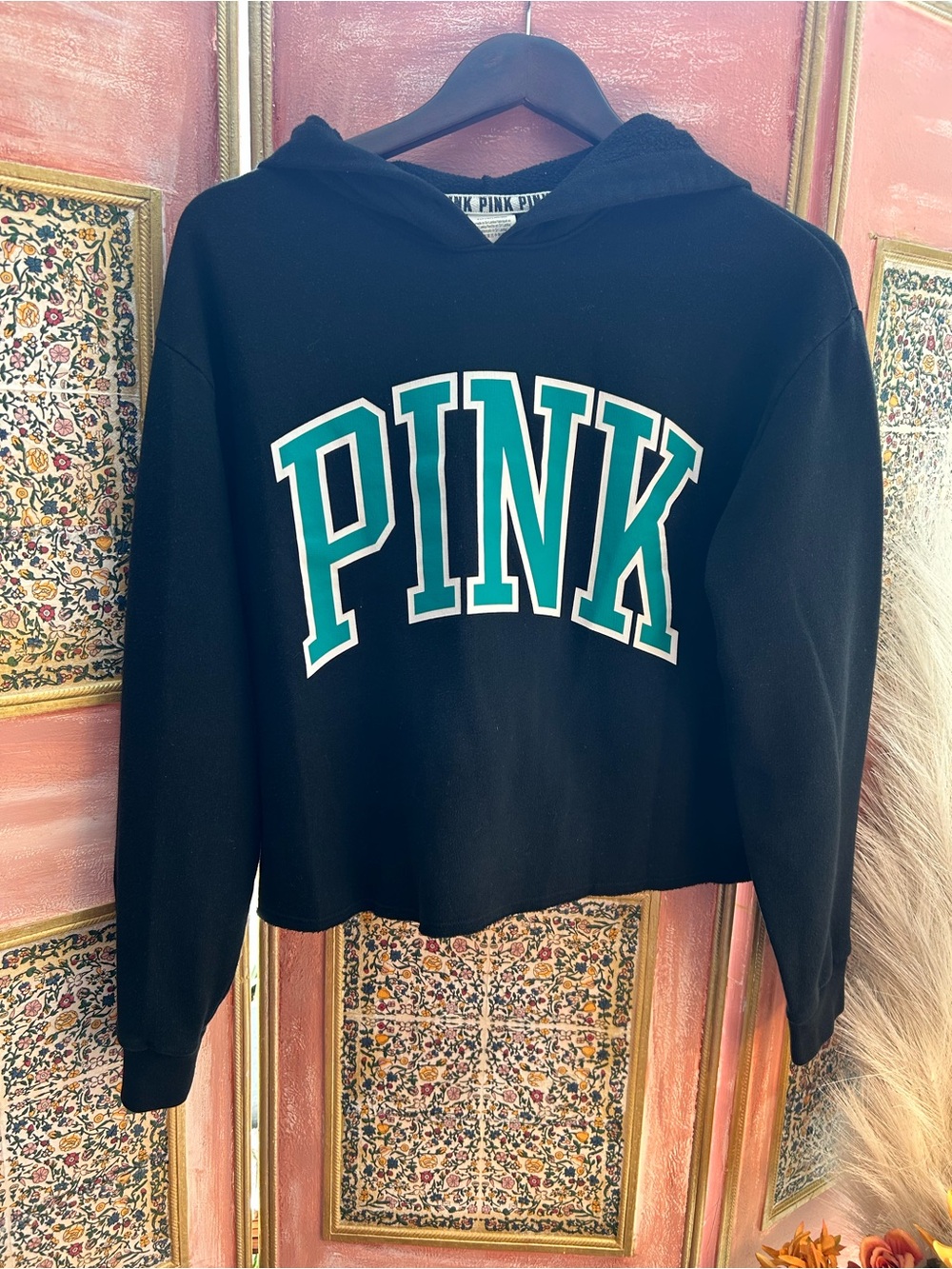 Victoria's Secret Black Cropped Hoodie with Teal PINK Logo